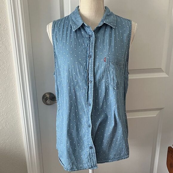 Levi's Light Blue Star Polka Dot Sleeveless Shirt - Picture 1 of 6
